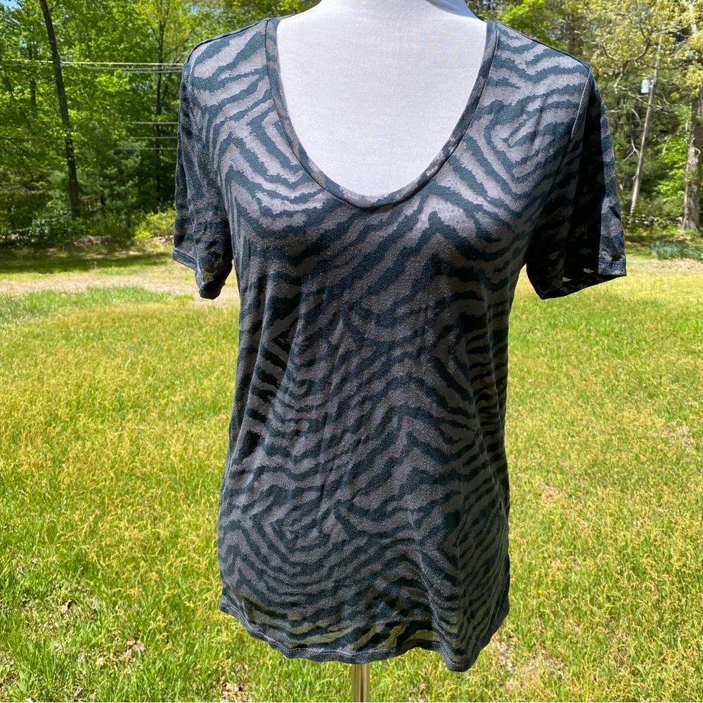 ZADIG & VOLTAIRE TOP TEE SHORT SLEEVE SCOOP NECK BLACK GRAY ANYTA BURN ZEBRA S